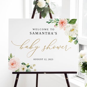 Floral Baby Shower Welcome Sign, Pink Baby Shower Welcome Sign Template, Floral Welcome Sign, Templett, #B152