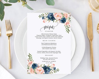Blush Navy Wedding Menu Template, Blue and Pink Wedding Menu, Floral Wedding Menu Printable, Boho Wedding Menu, Templett, #B30