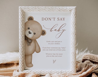 Don't Say Baby Game Template, Bear Baby Shower Games, Gender Neutral Baby Shower Ideas, Teddy Bear Theme, Editable Baby Shower Games, B212