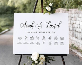 Signo de línea de tiempo de boda, signo de orden de eventos de boda moderno, orden de boda minimalista del día signo infográfico calendario de bodas, B95