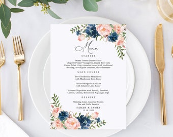 Navy and Blush Wedding Menu Template, Blue and Pink Wedding Menu, Floral Wedding Menu Printable, Boho Wedding Menu, Templett, #B68