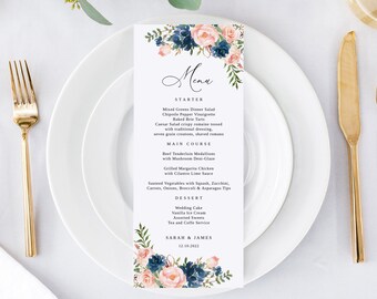 Navy and Blush Wedding Menu Template, Blue and Pink Wedding Menu, Floral Wedding Menu Printable, Boho Wedding Menu, Templett, #B68