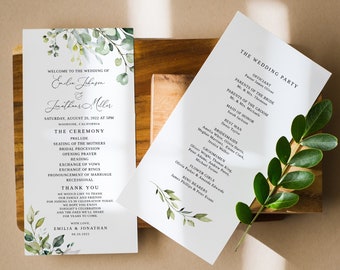 Greenery Wedding Program Template, Garden Wedding Program Printable, Templett, #B32