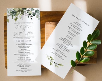 Greenery Wedding Program Template, Garden Wedding Program Printable, Templett, #B32