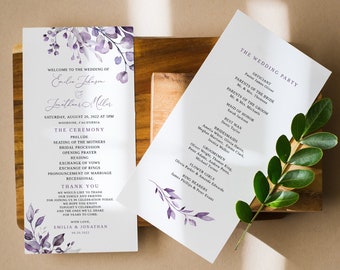 Dusty Purple Wedding Program Template, Lavender Wedding Program, Floral Wedding Program Printable, Templett, #B64