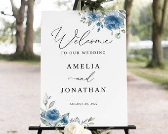Dusty Blue Wedding Welcome Sign Template, Blue Floral Wedding Welcome Sign, Printable Wedding Sign, Templett, #B97
