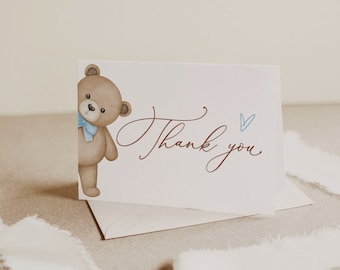 Teddy Bear Baby Shower Thank You Card, Baby Boy Shower Thank You Card, Folded Thank You Card Bear Thank You Notes, B215