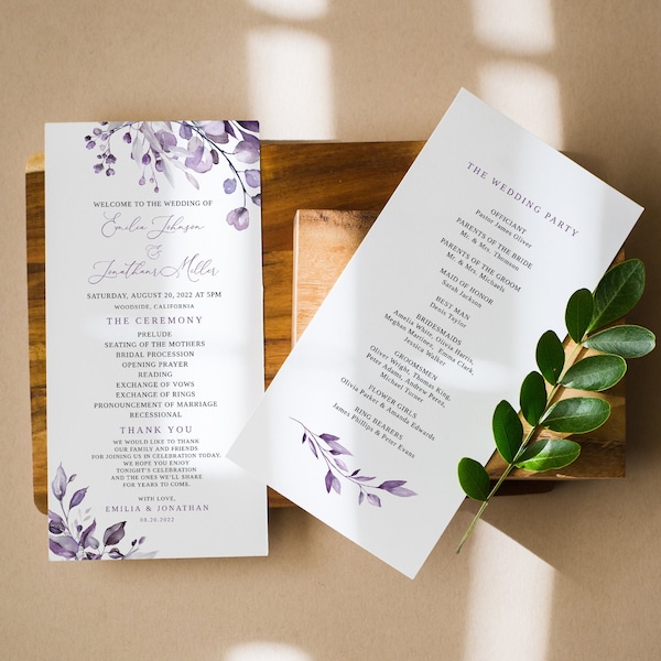 Modèle de programme de mariage violet poussiéreux, programme de mariage lavande, programme de mariage floral imprimable, Templett, #B64
