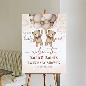Zwillings-Babyparty-Willkommensschild, Gender Neutral Baby Shower Sign, Zwillings-Babyparty-Schild, Wir können kaum warten, Teddybär-Babyparty-Ballons, B174
