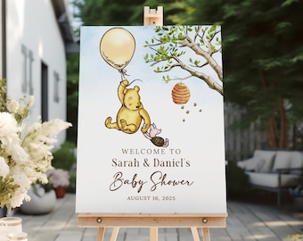 Winnie-The-Pooh Baby Shower Welcome Sign, Gender Neutral Baby Shower Sign, Winnie The Pooh Welcome Sign Editable Template, B190