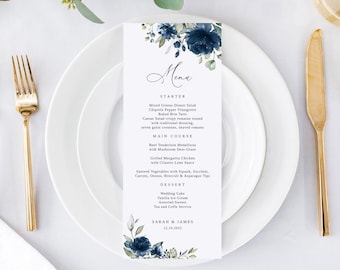 Navy Wedding Menu Template, Blue Wedding Menu, Floral Wedding Menu Printable, Boho Wedding Menu, Templett, #B34