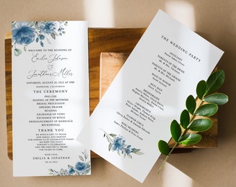 Dusty Blue Wedding Program Template, Dusty Blue Program, Floral Wedding Program Printable, Boho Wedding Program, Templett, #B97