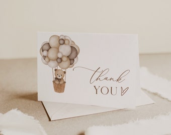 Baby Shower Thank You Card, Gender Neutral Baby Shower Thank You Card, Folded Thank You Card Bear Balloon Thank You Card Teddy Bear B212