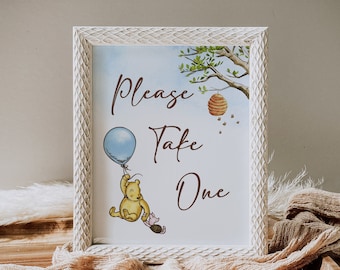 Classic Winnie-The-Pooh Baby Shower Favors Sign Template, Editable Baby Shower Please Take One Sign, Winnie The Pooh Favors Sign, B188