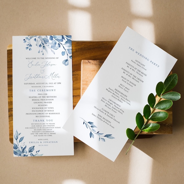 Dusty Blue Wedding Program Template, Floral Wedding Program Printable, Templett, #B63