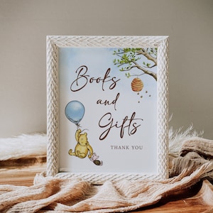 Winnie de Poeh baby shower boeken en geschenken teken sjabloon, Winnie de Poeh cadeau tafel teken, bewerkbare baby douche tafel teken B188