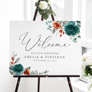 Orange Teal Wedding Welcome Sign Template, Teal and Orange Welcome Sign, Floral Wedding Welcome Sign, Templett, #B141