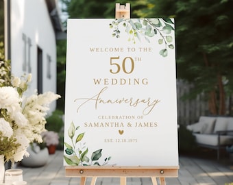 50th Wedding Anniversary Welcome Sign Greenery Wedding Anniversary Sign, Happy 50th Anniversary Sign, Golden Wedding B29