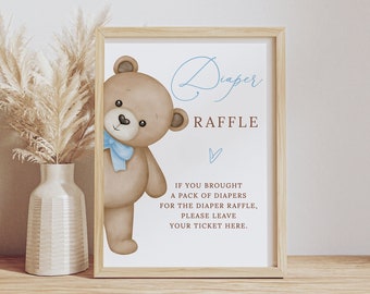 Baby Boy Shower Diaper Raffle Sign Template, Bear Baby Shower Diaper Sign, Teddy Bear Theme Decor, Diaper Game, B215