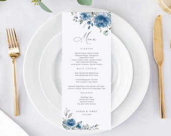 Dusty Blue Wedding Menu Template, Blue Wedding Menu, Floral Wedding Menu Printable, Boho Wedding Menu, Templett, #B97