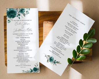 Teal Wedding Program Template, Teal and Gray Wedding Program, Floral Wedding Program Printable, Boho Wedding Program, Templett, #B38