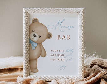 Teddy Bear Baby Shower Momosa Bar Sign, Editable Baby Shower Mimosa Sign, Boys Baby Shower Bubbly Bar Sign, Editable Mom-osa Bar Sign, B215