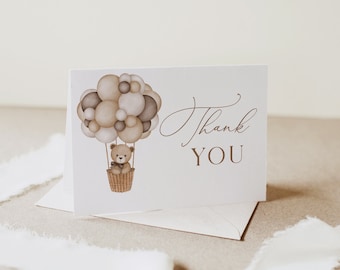 Editable Bear Baby Shower Thank You Card, Gender Neutral Baby Shower Thank You Card, Folded Thank You Card Bear Balloon Thank You Card, B212