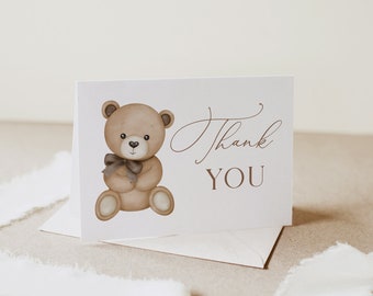 Editable Teddy Bear Baby Shower Thank You Card Gender Neutral Baby Shower Thank You Card, Folded Thank You Card Bear Thank You Notes, B212