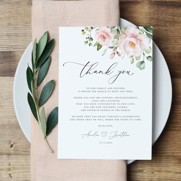 Blush Wedding Thank You Card Template, Elegant Wedding Thank You Card, Thank You Place Card, Wedding Thanks Card, Templett, #B33