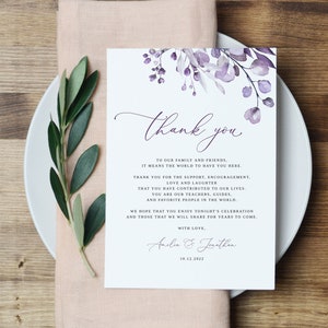 Plantilla de tarjeta de agradecimiento de boda púrpura polvorienta, tarjeta de agradecimiento de lavanda, tarjeta de lugar de agradecimiento de boda, Templett, #B64