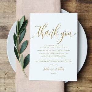 Tarjeta de agradecimiento de oro, plantilla de tarjeta de agradecimiento de boda de oro, tarjeta de lugar de agradecimiento, tarjeta de agradecimiento de boda, Templett, #B100