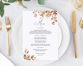 Fall Wedding Menu Template, Autumn Wedding Menu, Printable Menu, Dinner Menu Card, Wedding Menu Card, Templett, #B62