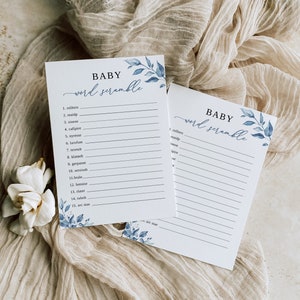 Modèle de jeu de mots brouillés pour bébé, quiz pour baby shower, jeu de baby shower modifiable, déco bleu poussiéreux, B63