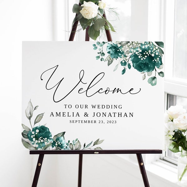 Teal and Baby's Breath Wedding Welcome Sign, Teal Wedding Welcome Sign Template, Printable Sign, Templett, #B164