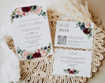 Burgundy Wedding Invitation Bundle, QR Code RSVP, Floral Wedding Invitation Template, QR Code Wedding, Red Pink Blue Wedding Invitation B80