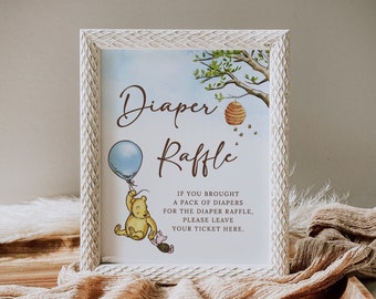 Plantilla clásica de letrero de rifa de pañales para baby shower de Winnie-The-Pooh, letreros de mesa para Baby Shower, juego de rifa de pañales de Winnie The Pooh B188