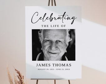 May include: Black and white photo of a man with the text "Celebrating the life of James Thomas August 20, 1953 - June 23, 20XX" on a white background.