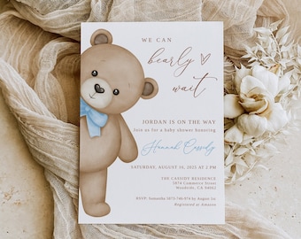 Inbjudan till babyshower med nallebjörn, inbjudan till babyshower med pojke, vi kan vänta, inbjudan till babyshower med björntema, babyshower med pojkemotiv, B215