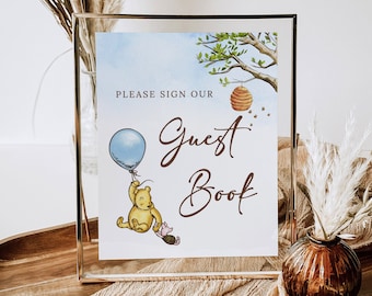 Klassieke Winnie de Poeh baby shower gastenboek teken, Winnie-de-Pooh gastenboek teken, bewerkbare baby shower teken ons gastenboek B188