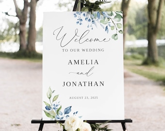Dusty Blue and Green Wedding Welcome Sign Template, Floral Wedding Welcome Sign, Printable Wedding Sign, Templett, #B163