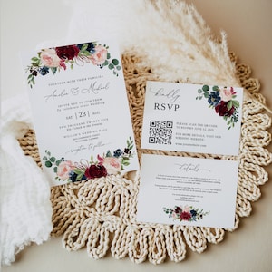 Pacchetto invito matrimonio bordeaux, codice QR RSVP, modello invito matrimonio floreale, matrimonio codice QR, invito matrimonio rosso rosa blu B80