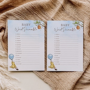 Winnie-de-Pooh Baby Word Scramble Game Template, Bear Baby Shower Quiz, Bewerkbare Baby Shower Game, Baby Boy Shower Game, B188