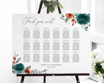 Orange Teal Wedding Seating Chart Template, Teal and Burnt Orange Wedding Seating Chart Seating Board Seating Plan Burnt Orange Wedding B141