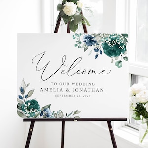 Teal Navy Baby&#39;s Breath Wedding Welcome Sign, Teal Wedding Welcome Sign Template, Printable Sign, Templett, #B167