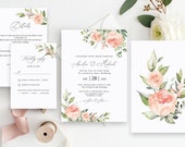 Peach Wedding Invitation Suite, Bohemian Wedding Invitation Template, Coral Wedding Invitation Set, Templett, #B39