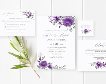 Purple Wedding Invitation Template, Lavender Wedding Invitation, Floral Wedding Invitation, Templett, #B150