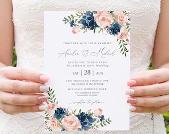 Blush and Navy Floral Wedding Invitation, Editable Template (Templett)