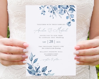 Dusty Blue Floral Wedding Invitation Template (Editable)