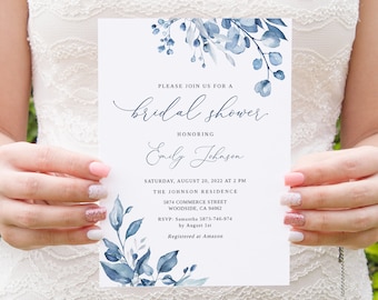 Dusty Blue Bridal Shower Invitation, Floral Bridal Shower Invitation, Dusty Blue Invitation, Templett, #B63