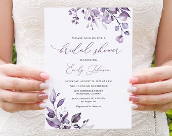 Dusty Purple Bridal Shower Invitation, Floral Bridal Shower Invitation, Dusty Purple Invitation, Templett, #B64